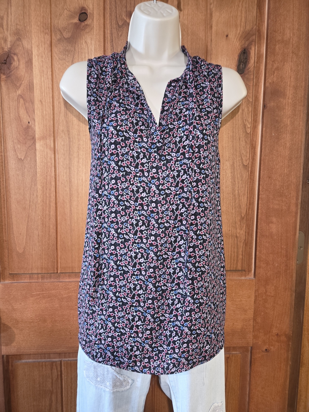 LOFT Navy Sleeveless Floral Notch Neck Blouse